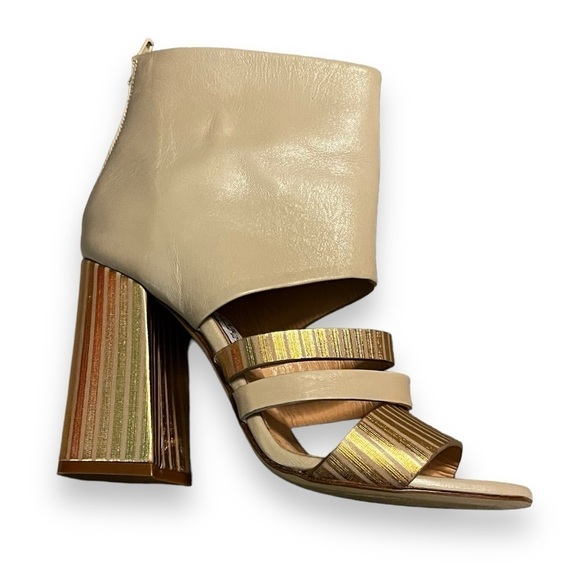 Giampaolo Viozzi Strappy Shootie Sandals High Chunk Heel Taupe Gold  EU37/US 7 - Picture 1 of 12